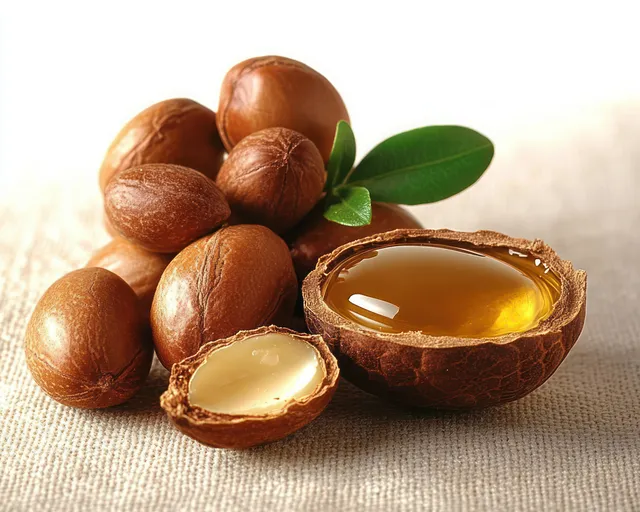 Cracked argan nuts with golden oil inside and green leaves rest on a light textured surface.