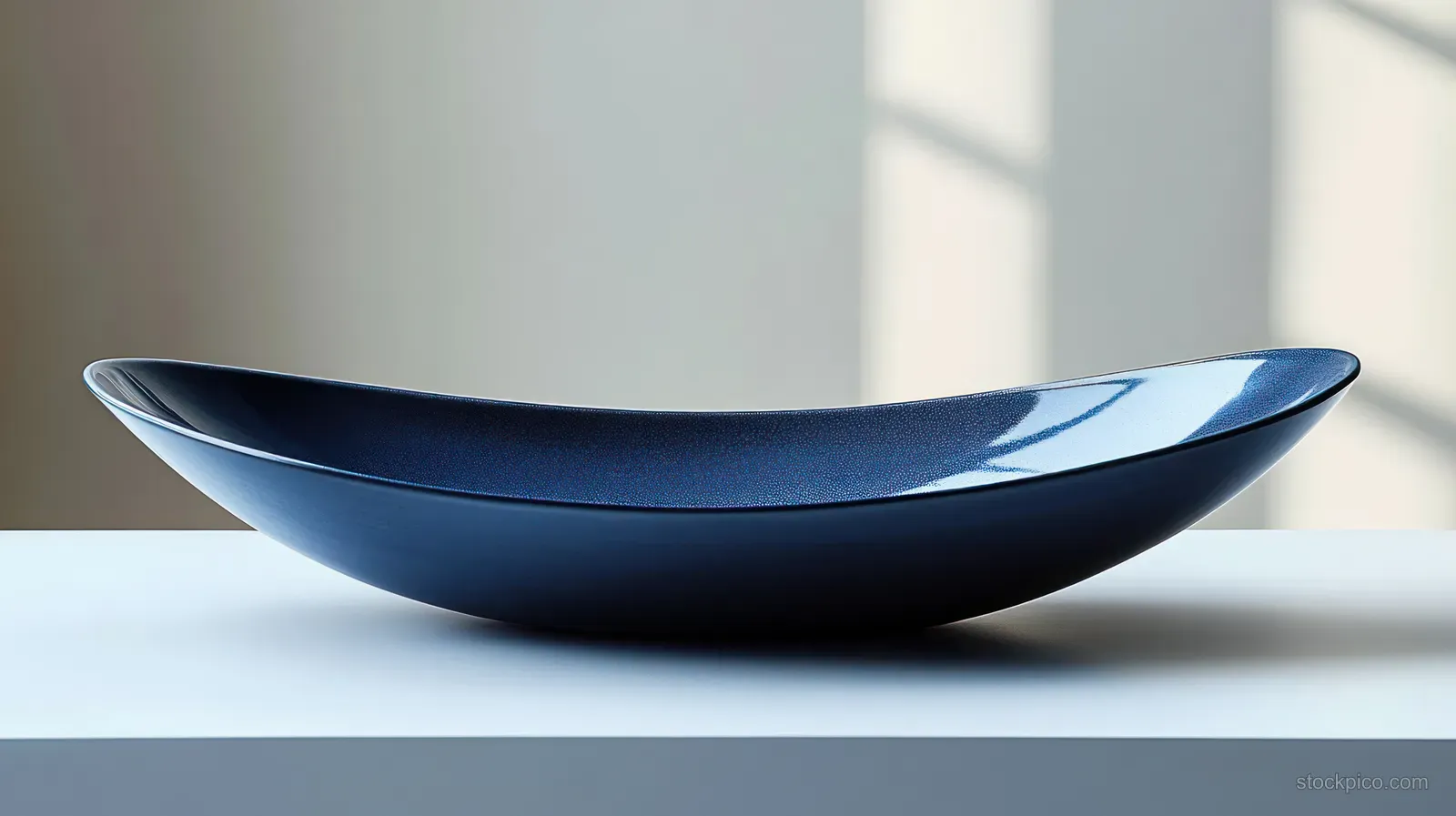An empty deep blue glossy ceramic oval dish rests on a white table with soft daylight shadows.