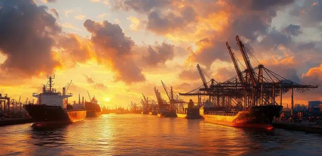 Cargo ships and container cranes sit in Hamburg harbor as sunset clouds glow over the Elbe water.