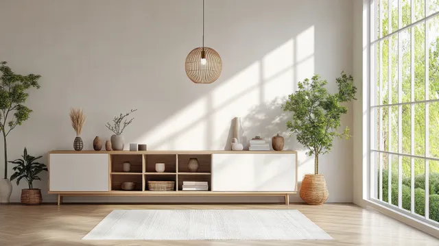 A minimalist Scandinavian living room with a wall-mounted TV, light wood storage cabinet, plants, and sunlit floor near large windows.