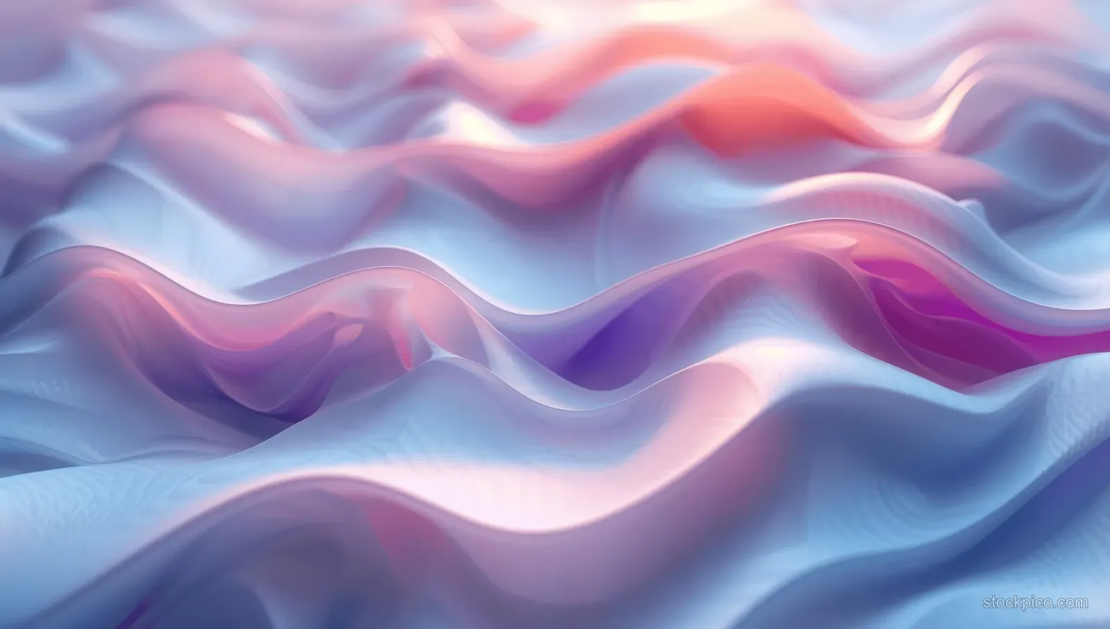 Layered pastel wavy ribbons flow across a smooth abstract background with soft gradients.