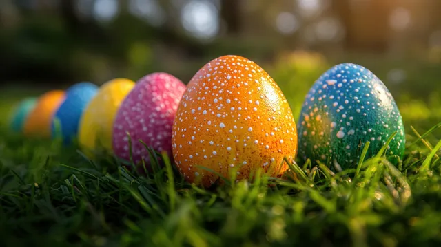 Colorful Easter eggs resting on green grass during golden hour sunlight