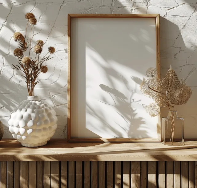 Minimal wooden picture frame on a sideboard with dried flowers and ceramic decor in bright window light.