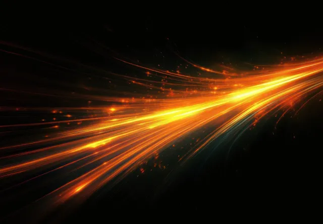 Diagonal orange and yellow light streaks radiate across a black background with glowing particles.