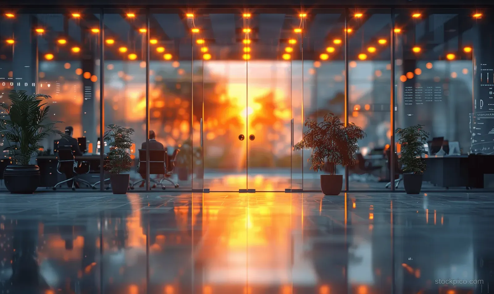 Silhouetted meeting group inside a glass conference room with warm sunset reflections on the floor.