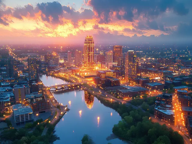 Rochester Minnesota downtown at blue hour with river lights and illuminated skyline bridge