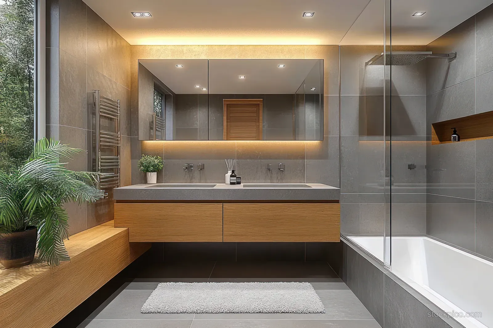 Scandinavian bathroom interior with a walk-in shower, double vanity sinks, and warm wooden cabinetry under recessed lights.