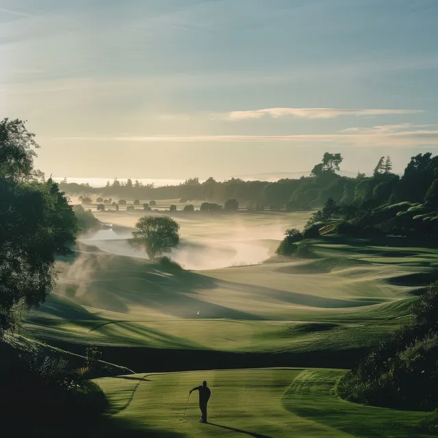 Um golfista caminha por um fairway de golfe irlandês enevoado ao nascer do sol, com árvores e grama verde ondulante ao fundo.