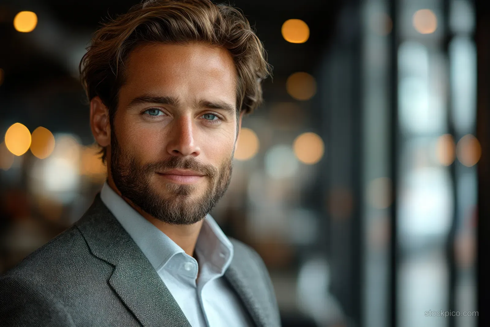 Smiling man in a gray suit headshot with warm blurred office lights behind him.