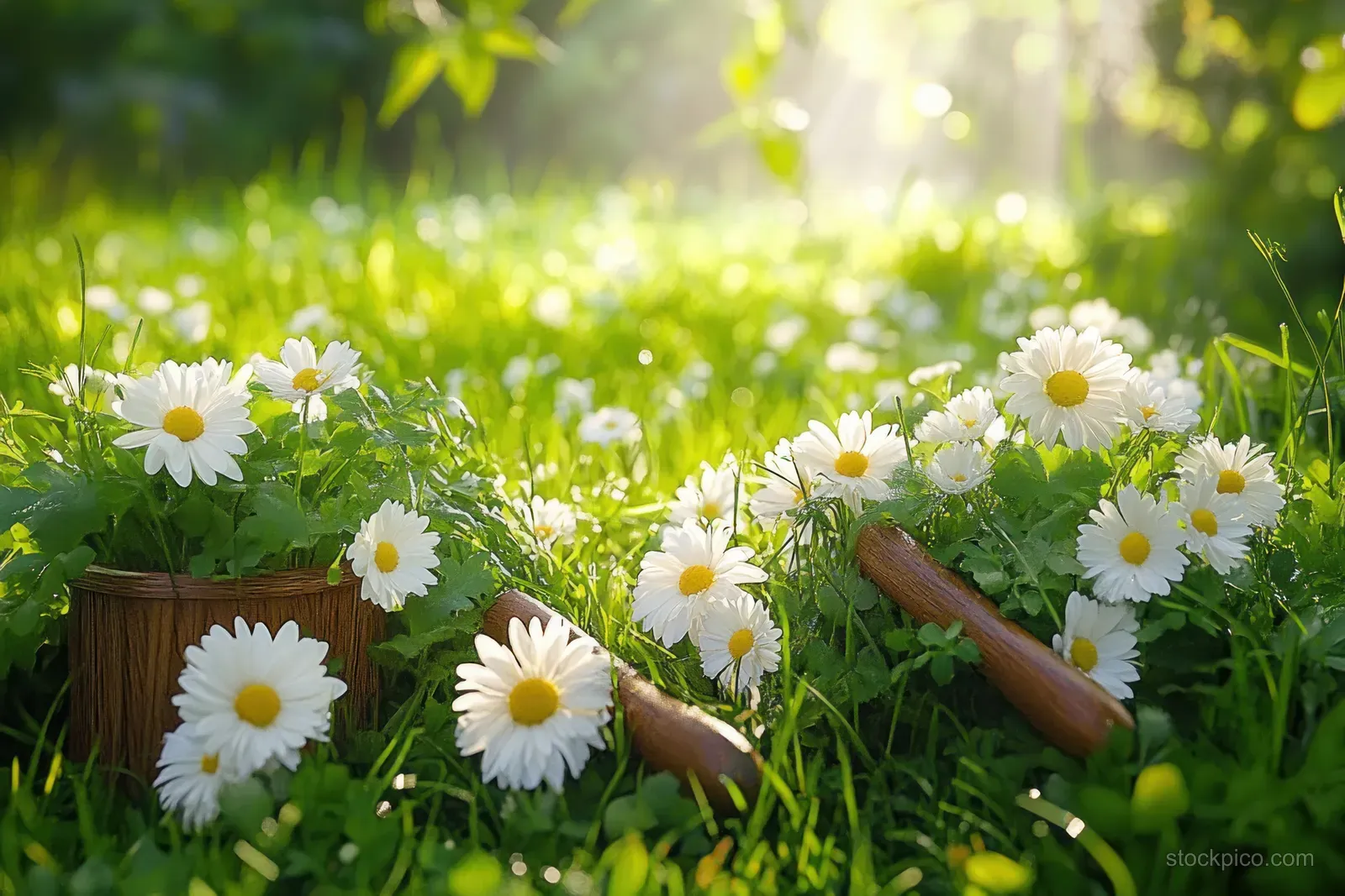 Flower baskets filled with herbs rest in a sunlit meadow among white daisies and green grass.
