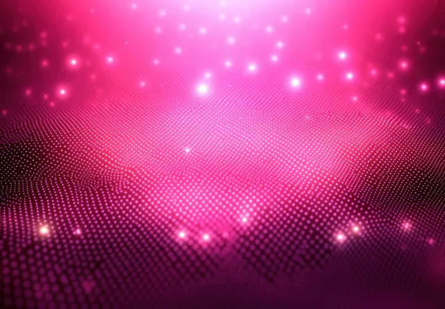 Purple and pink glowing dot pattern forms a wave-like digital grid with sparkling light points.