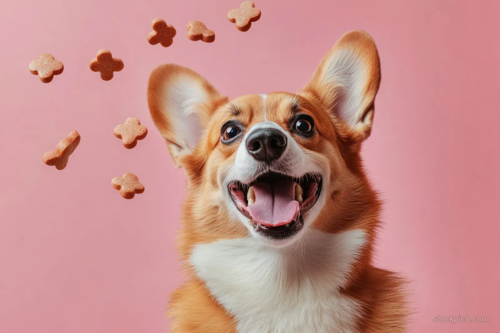 A smiling corgi with tongue out watches floating dog treats over a pink background.