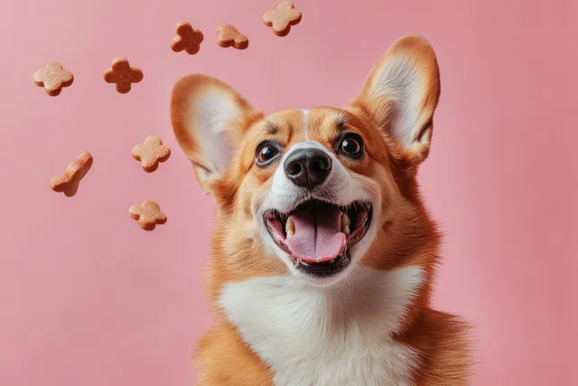 A smiling corgi with tongue out watches floating dog treats over a pink background.