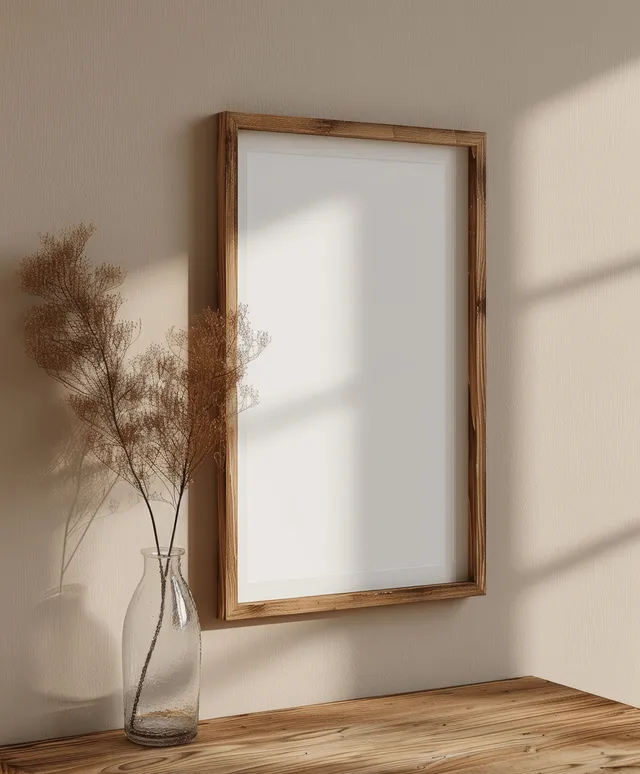 Vertical wooden picture frame on a beige wall with soft shadows, plus a small vase on a wooden floor.