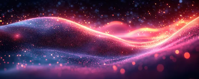 A neon wave of glowing data moves across a dark cyber network of dotted nodes and lines.