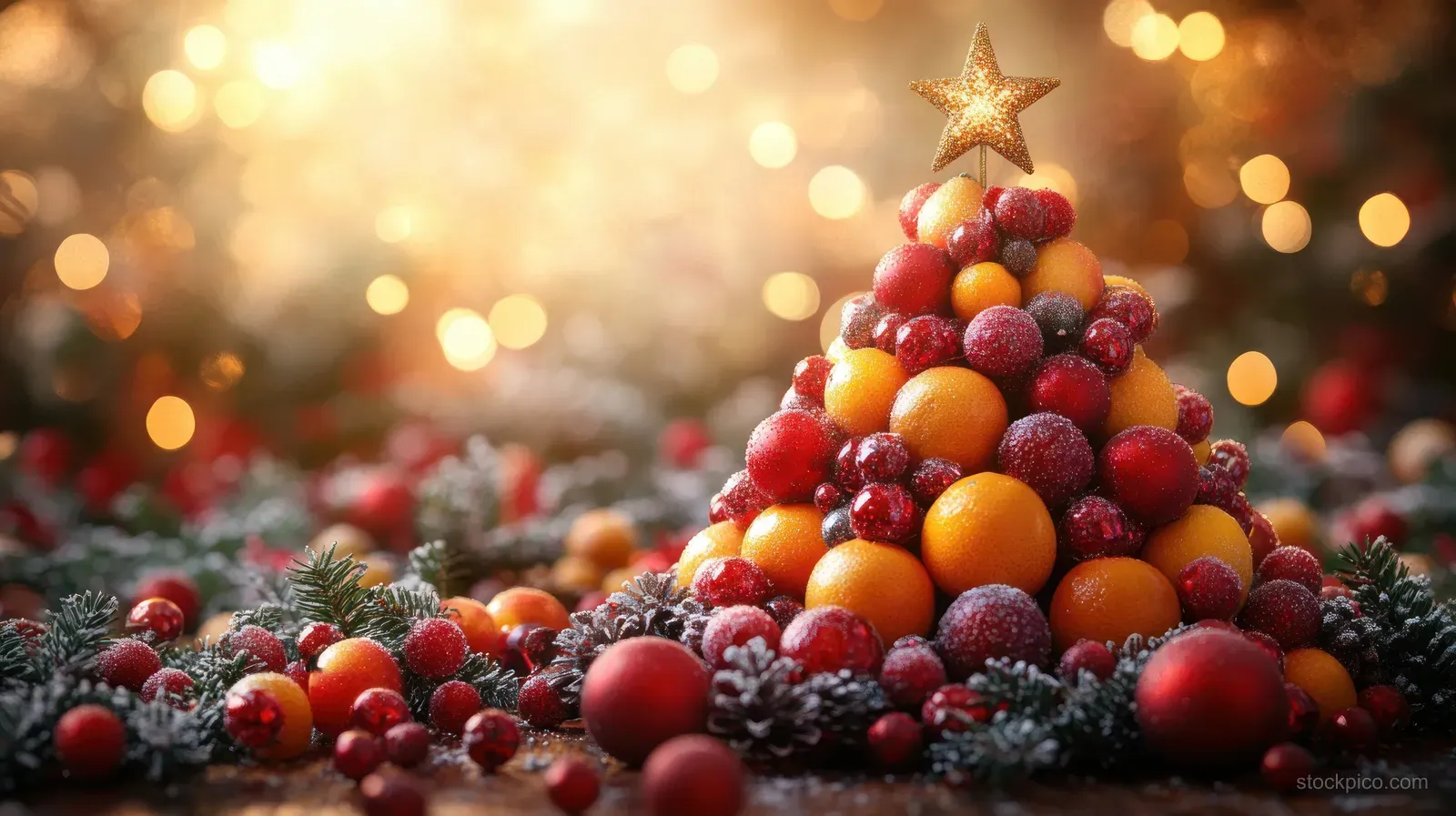 Stacked fruit Christmas tree made of citrus and berries on snowy greenery with warm glowing holiday lights behind.