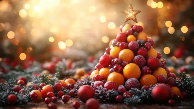 Stacked fruit Christmas tree made of citrus and berries on snowy greenery with warm glowing holiday lights behind.