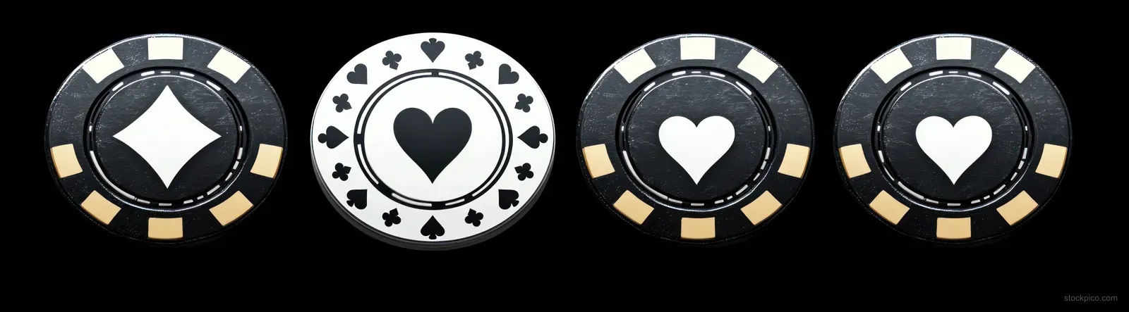 Four black and white poker chips with diamond and heart suit symbols sit on a black background.