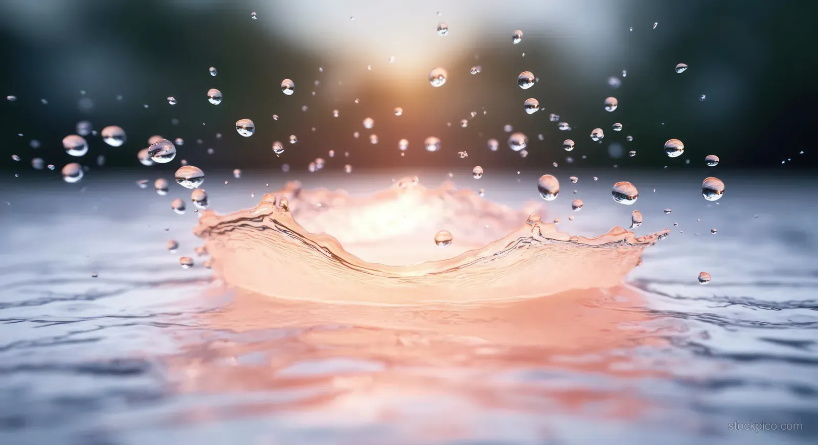 Water droplets splash upward over a glowing skin-like surface in a vitamin C serum 3D concept render.