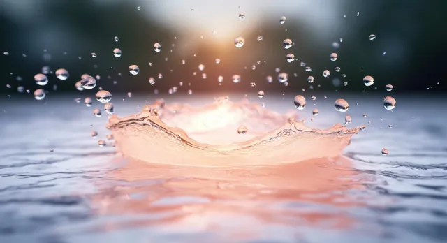 Water droplets splash upward over a glowing skin-like surface in a vitamin C serum 3D concept render.