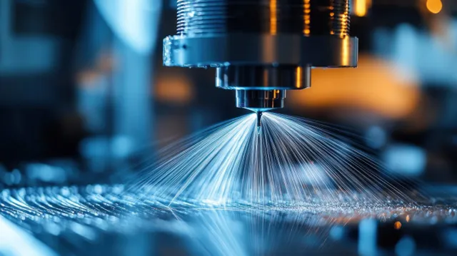 Close-up of a CNC machine cutting metal with cooling spray in a workshop.