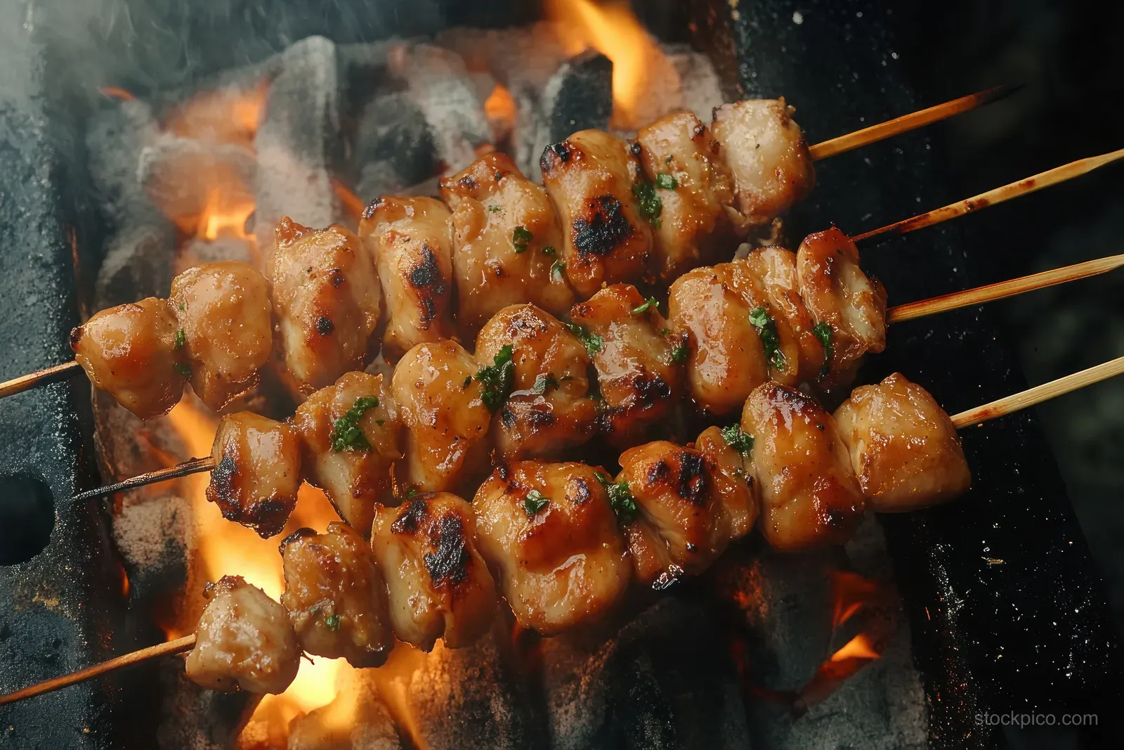 Chicken satay skewers grilling over charcoal with flames and browned pieces.