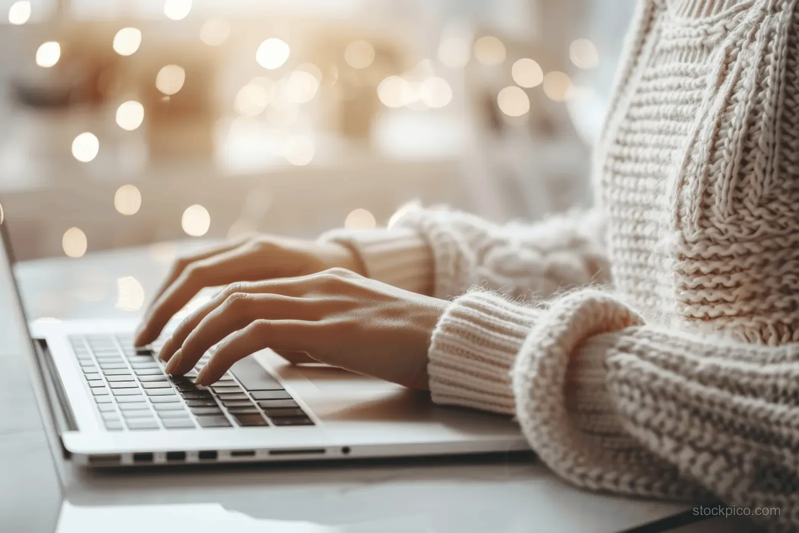 Close-up of a woman’s hands typing on a laptop at a desk with soft lights in the background.