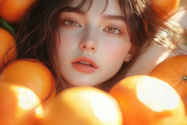 Una mujer descansa entre naranjas y pomelos bajo una cálida luz solar, ofreciendo un retrato sereno relacionado con el cuidado de la piel.