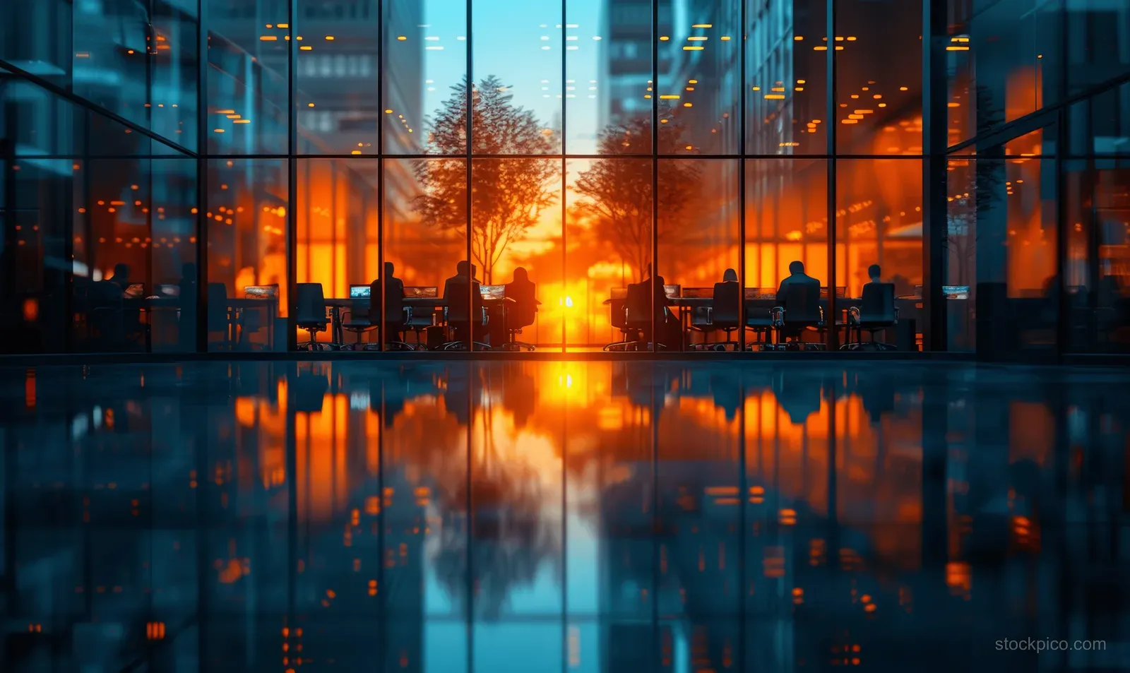 Office employees meet behind a glass wall in a sleek conference room with sunset reflections on the glass.