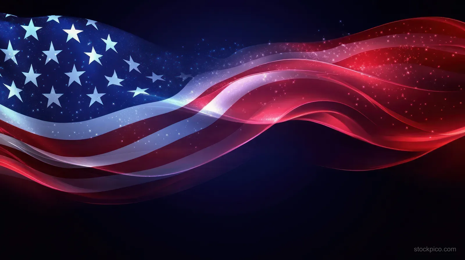 An abstract American flag ribbon waves on a dark background with glowing stars and red light trails.