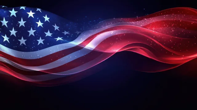 American flag waves in abstract patriotic design with glowing stars and flowing ribbon