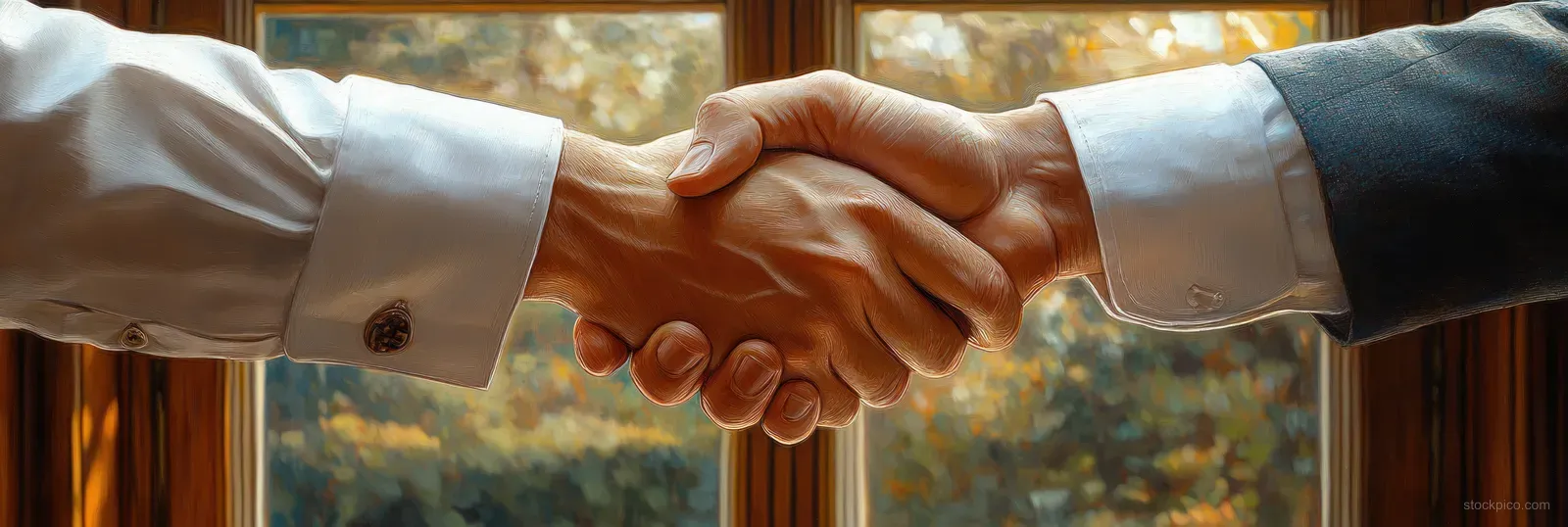 Two business professionals handshake across a meeting table under warm daylight.
