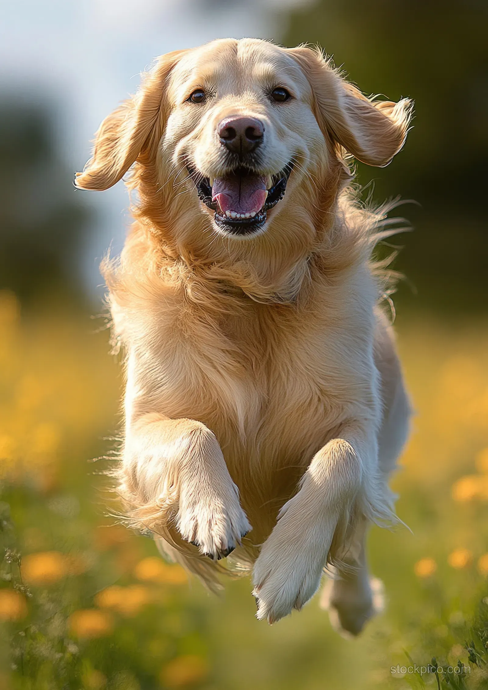 Golden retriever runs through a sunny field of yellow flowers with ears flapping and an open-mouth smile.