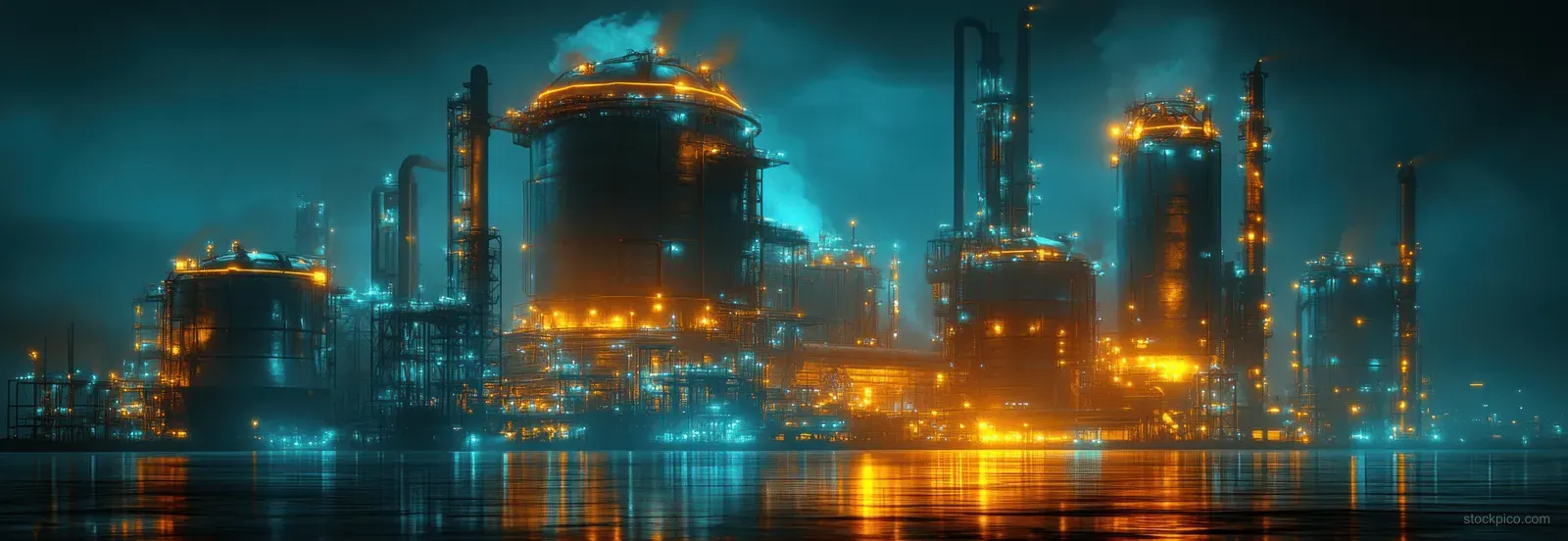 Cyberpunk hydrogen power plant with neon-lit storage tanks and wind turbines glowing against a dusk city skyline.