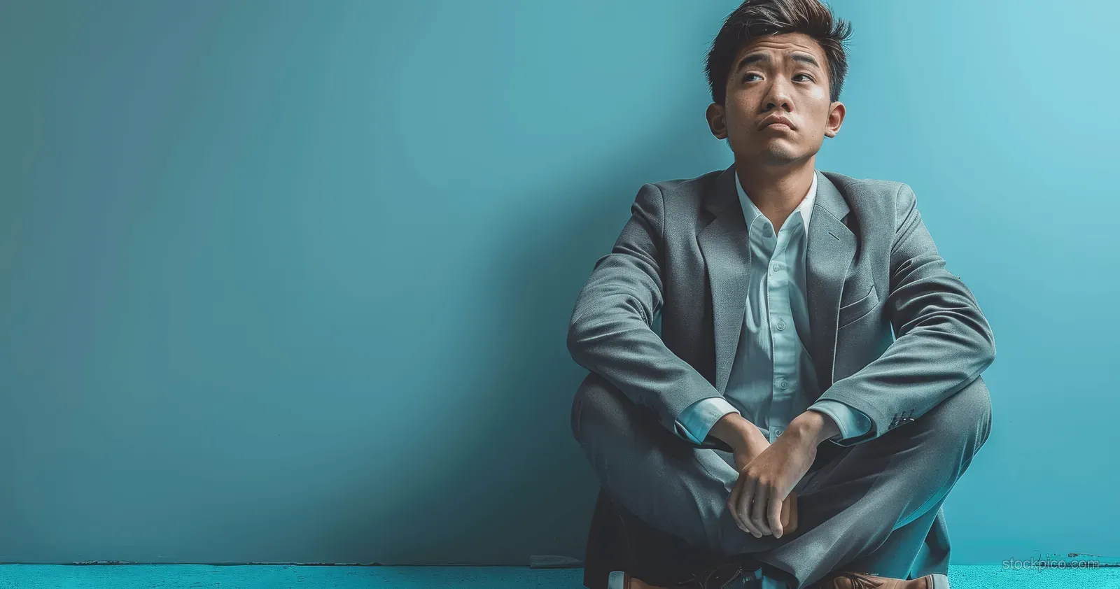 A young Asian businessman in a suit sits on the floor against a blue wall looking exhausted and sad.