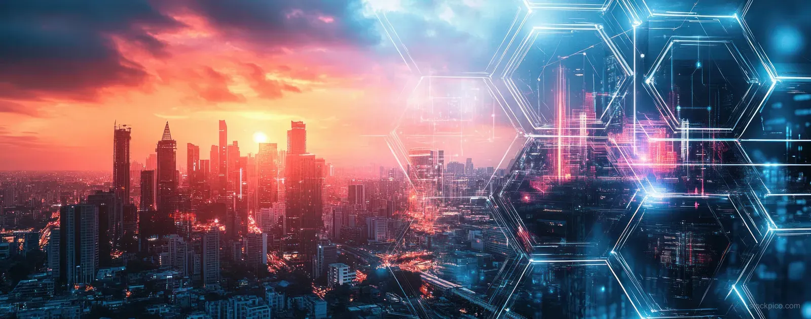 A panoramic futuristic city skyline at sunset features glowing hexagonal digital overlays symbolizing technology and innovation.