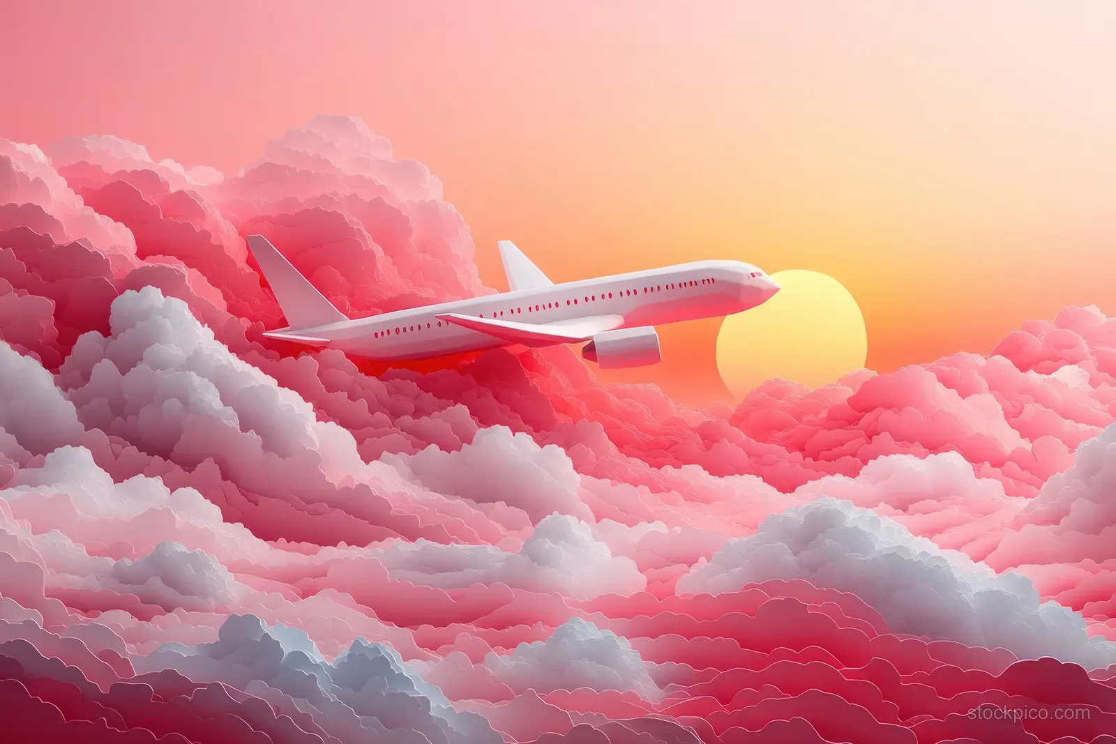 A whimsical airplane flies above fluffy clouds in a pink sunset sky.