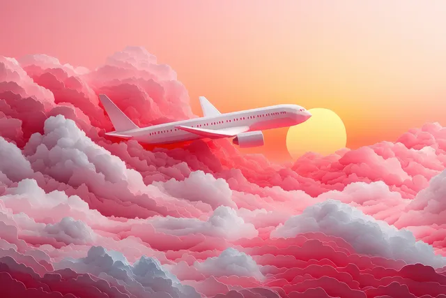 Whimsical paper-cut airplane gliding above fluffy clouds against a pink sunset