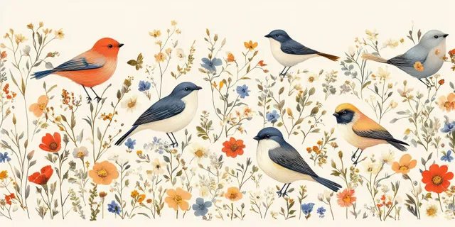 Several colorful birds perch among small wildflowers and leafy stems in a light cream illustrated background.