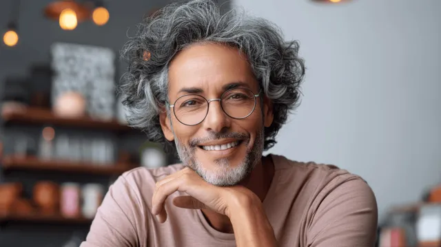 Smiling bearded man with glasses working on laptop at a cafe table, warm bokeh lights