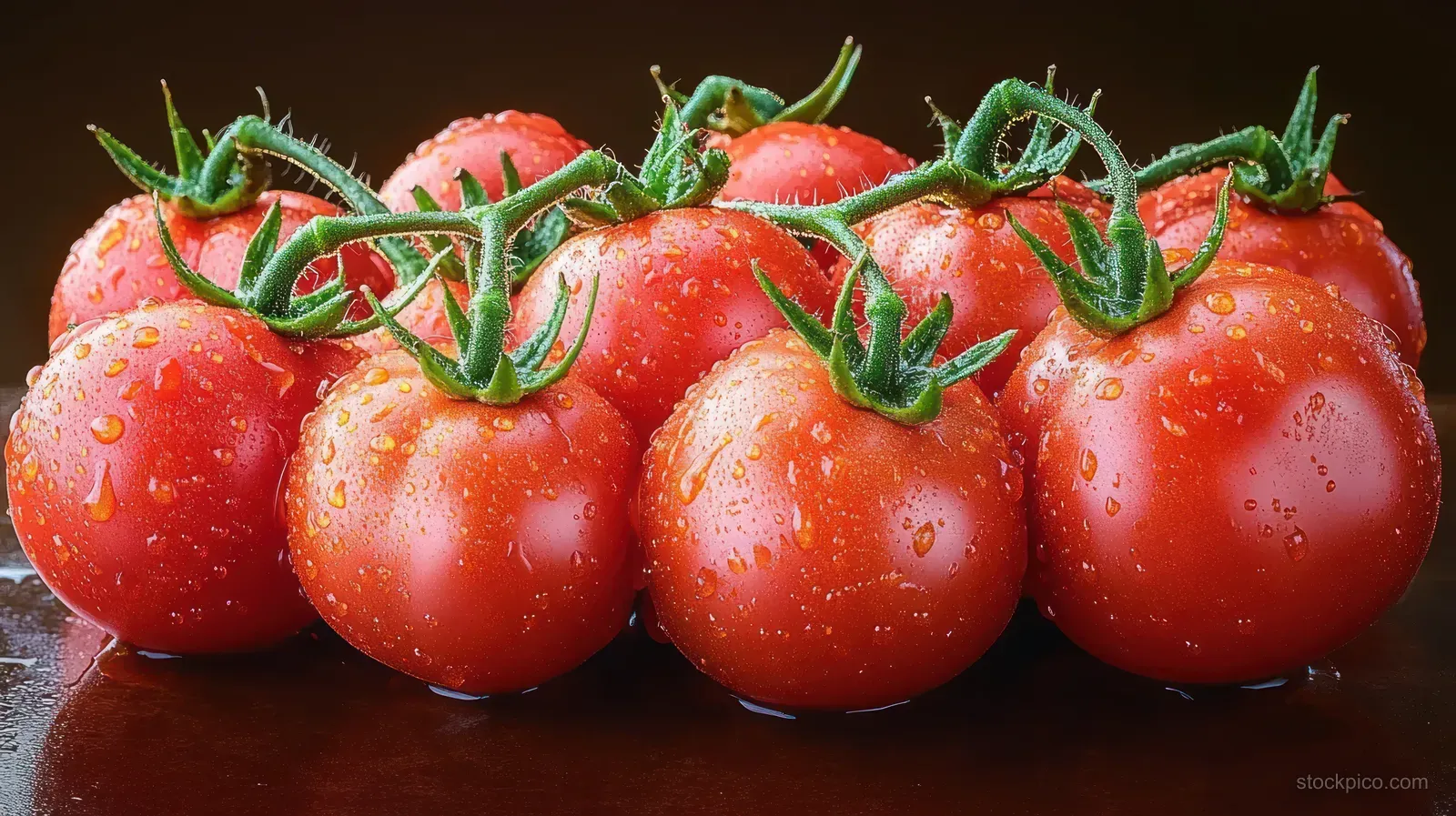 Ripe red tomatoes with green stems covered in water droplets on a dark reflective surface.