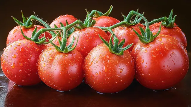 Cluster of ripe red tomatoes with water droplets and green stems on a dark reflective surface