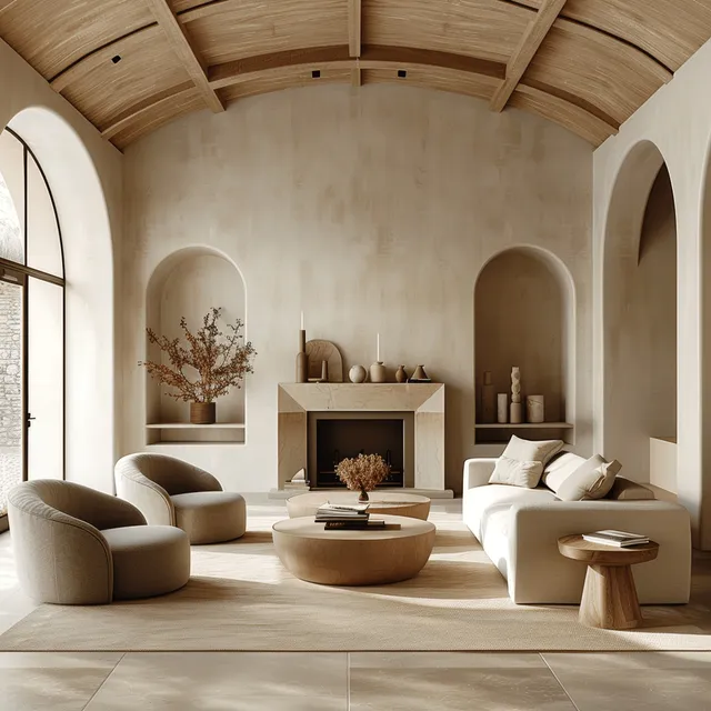 Minimalist Mediterranean living room with arched ceiling, fireplace, sofas, and warm beige stone flooring under natural light.