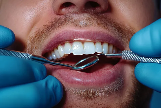Dentist tools inspect a patient’s clean white teeth with gloved hands close-up