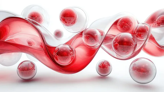 Red translucent spheres and clear bubbles flow along a smooth liquid wave ribbon over a white background.