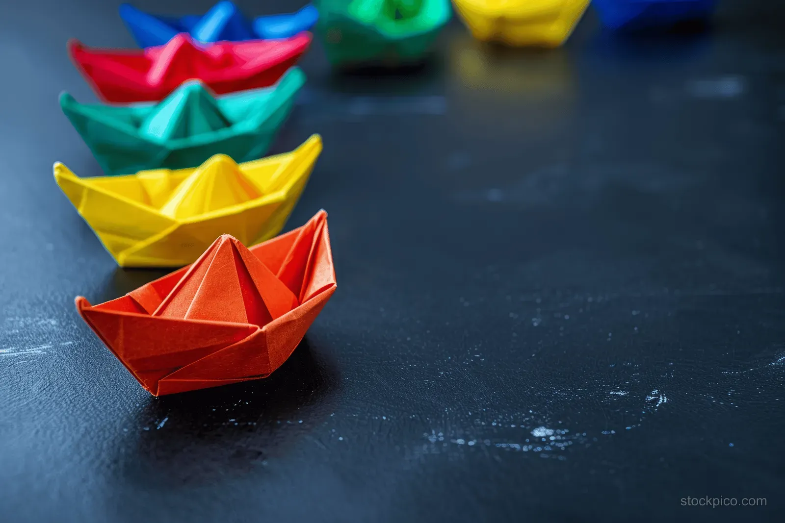 Colorful origami paper boats are arranged on a dark tabletop, with a red boat in the foreground.