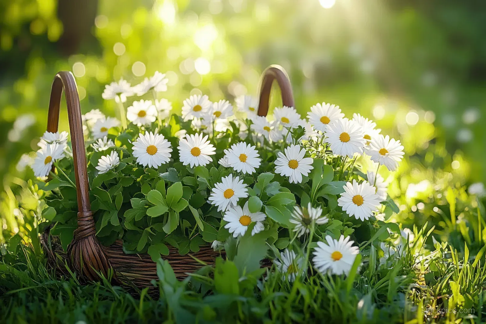 A wooden basket of wild herbs and white daisies sits in a sunlit meadow with soft green bokeh.
