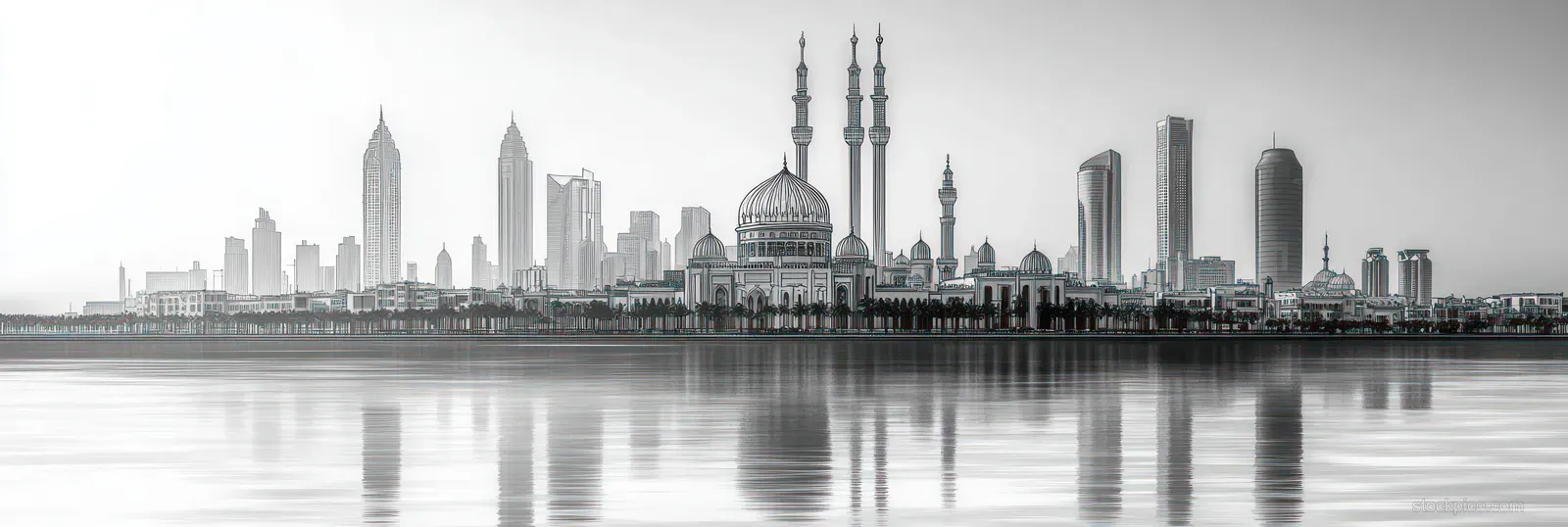 Minimalist black and white line art showcasing a Middle Eastern city skyline with mosques and skyscrapers against a white background.