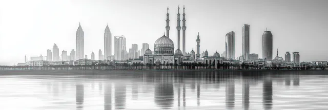Minimalist black and white line art showcasing a Middle Eastern city skyline with mosques and skyscrapers against a white background.