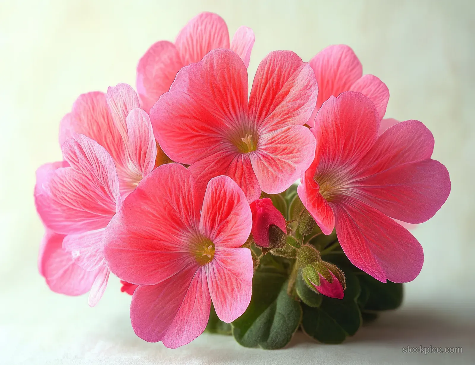 Cluster of pink flowers with delicate petals and green leaves against a soft pale background.